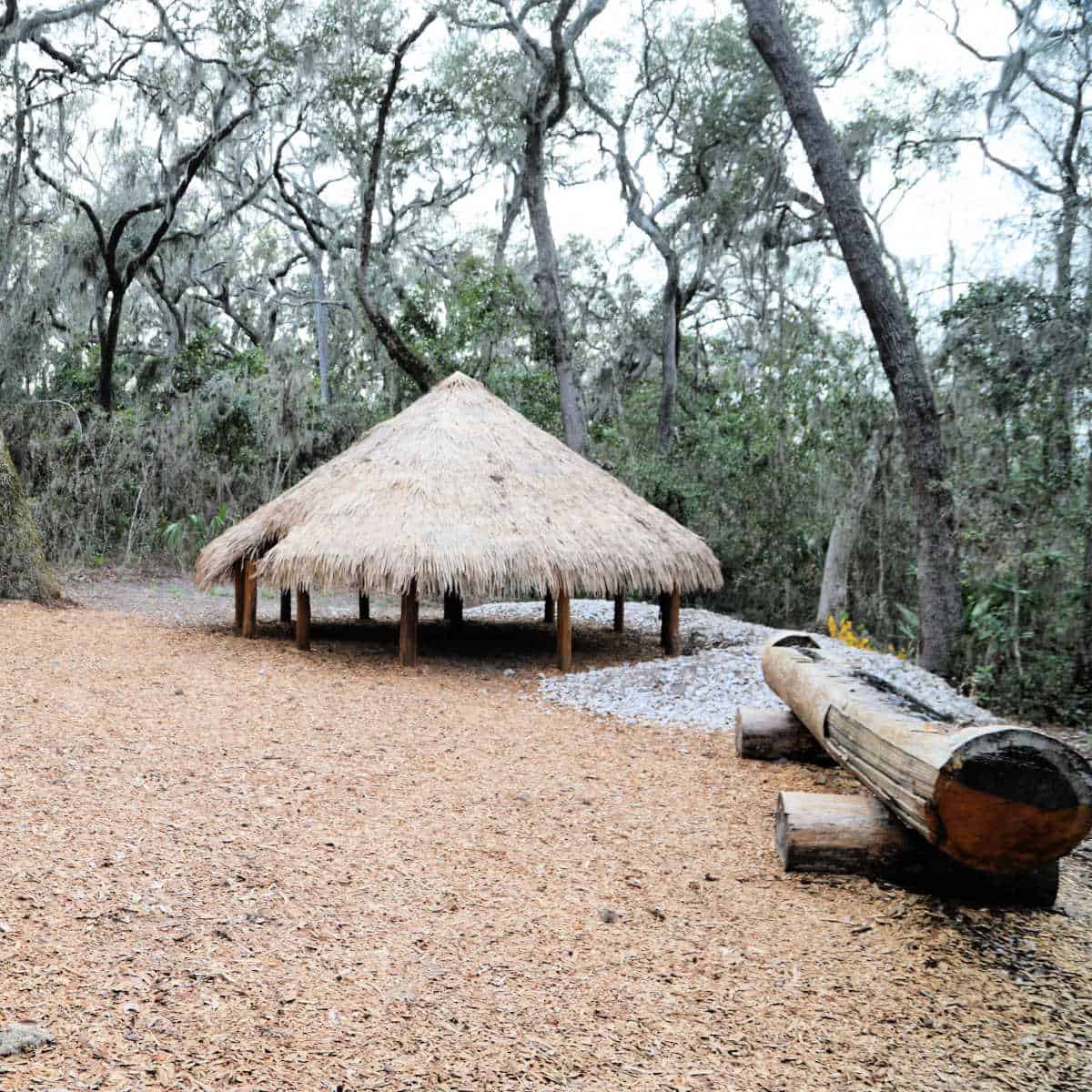 low thatch covered hut next to a shell area and trees