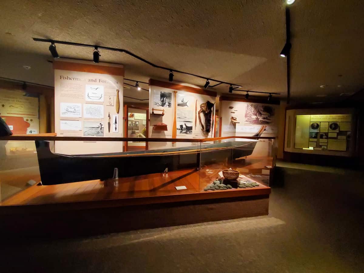 Historic canoe in visitor center with interpretive displays