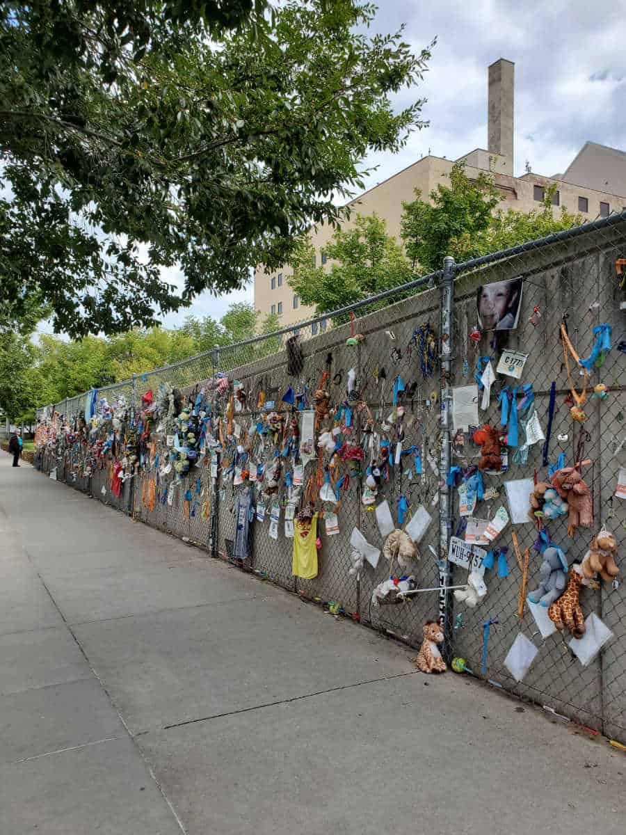 Chain link fence covered in teddy bears and gifts left for the OKC Memorial