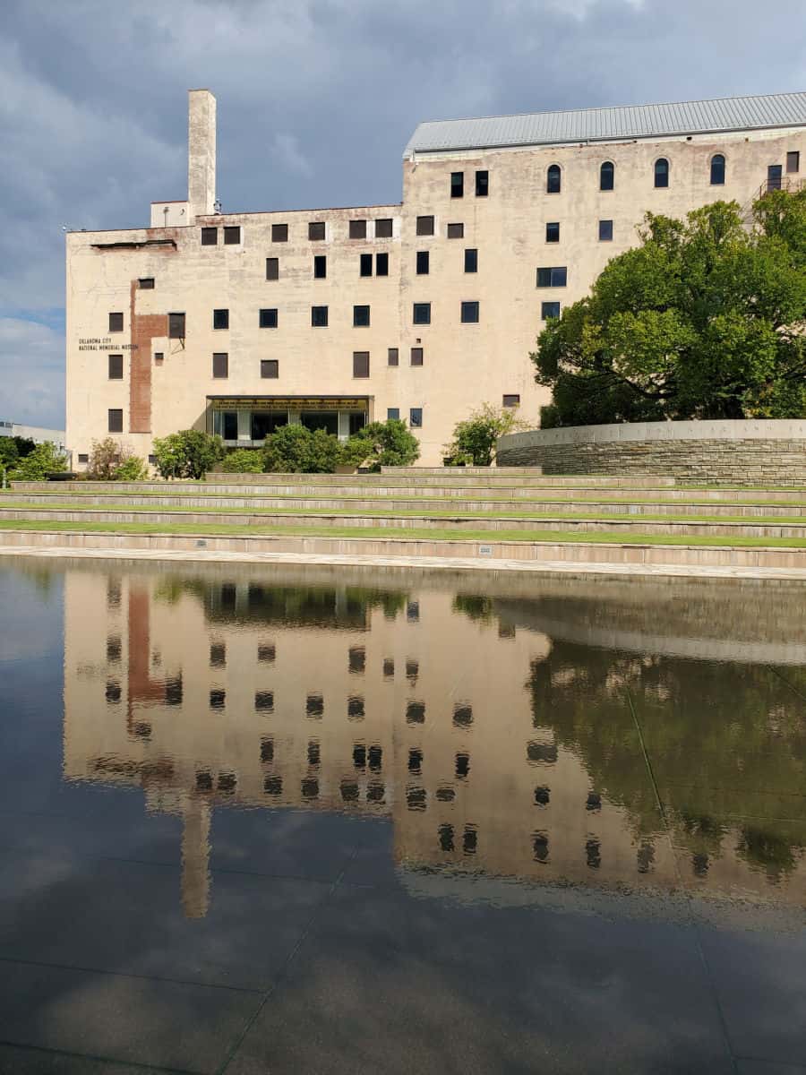 Oklahoma City National Memorial Museum reflected in the reflection pool