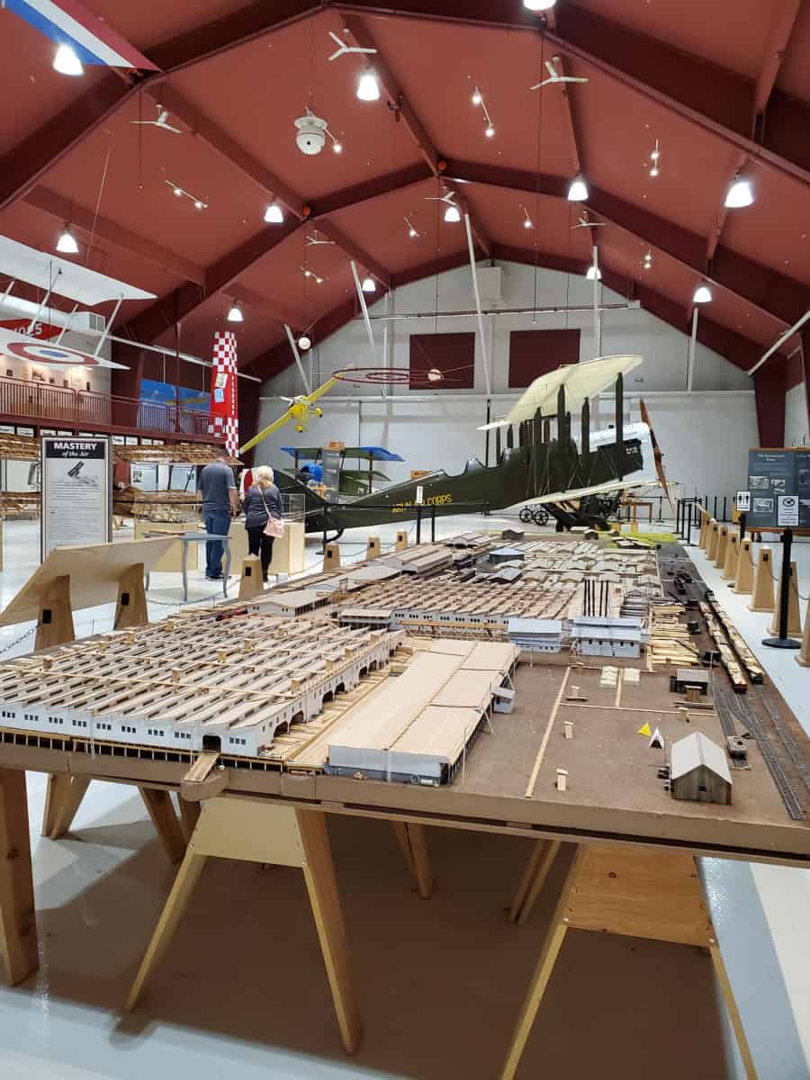 inside the Pearson Airfield Museum with a reconstructed fort model, and historic airplanes