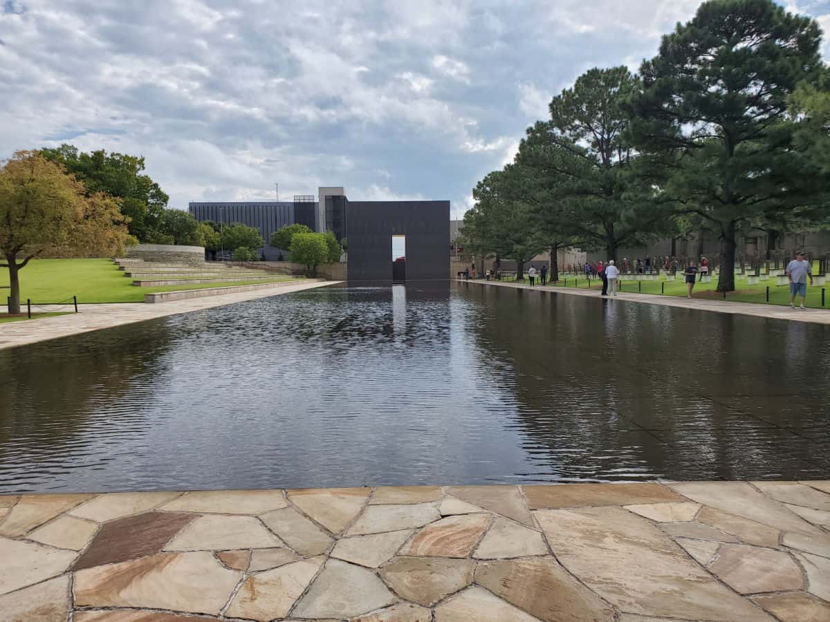 Reflecting pool with OKC Memorial time tower in the distance