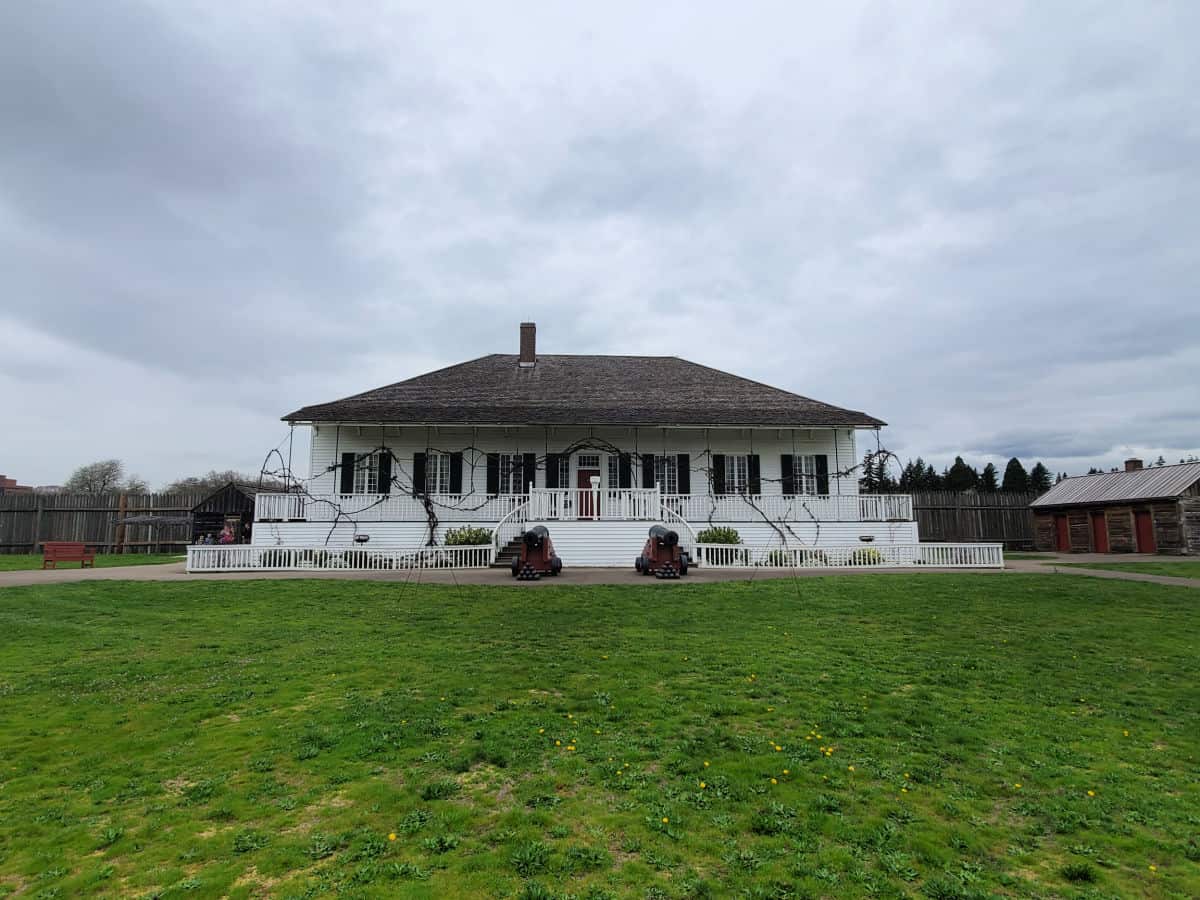 historic white building with vines growing in front of it