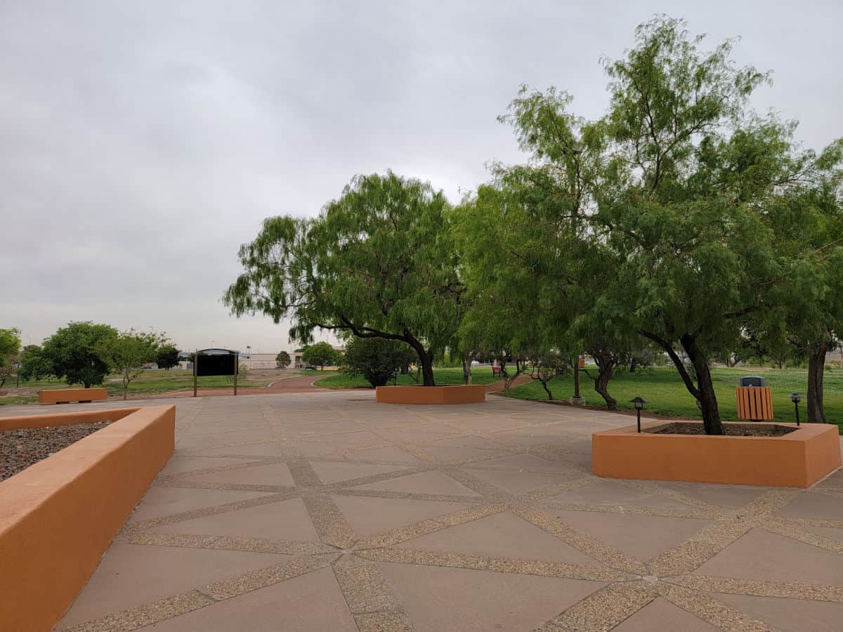 paved walking trails with trees