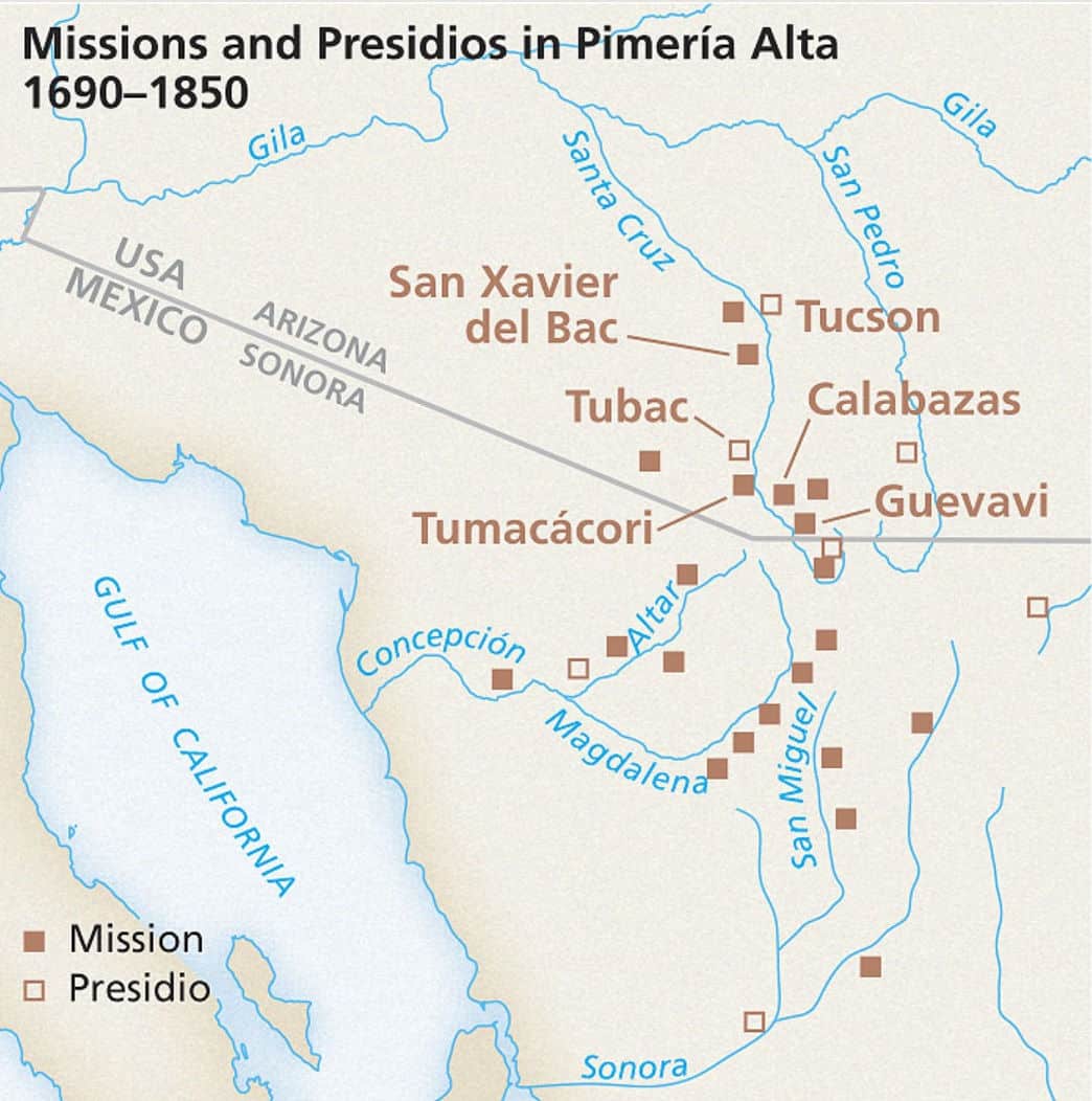 Map of missions and presidios in pimeria alta 1690-1850