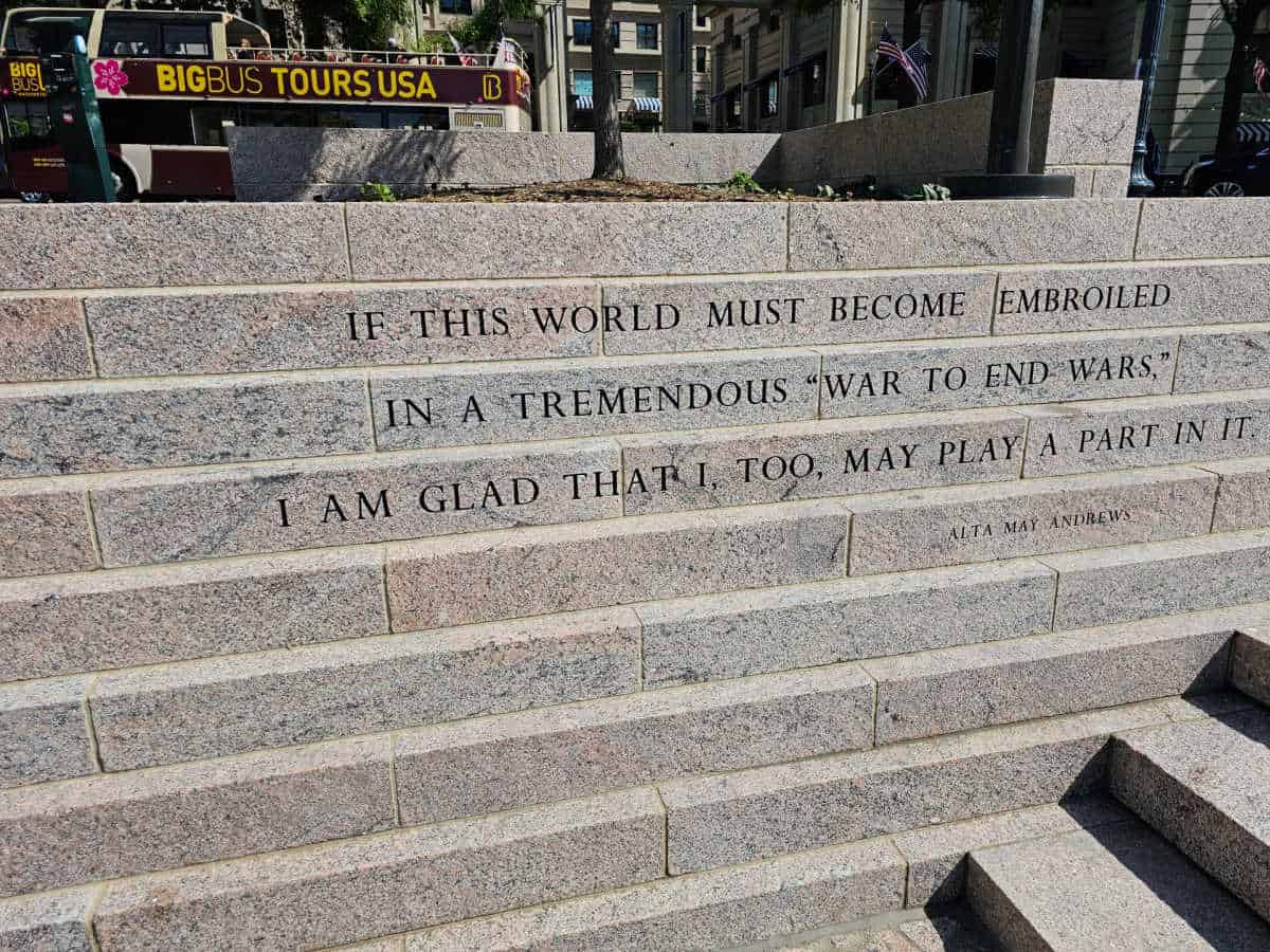 Alta Mae Andrews quote on stairs at the World War I Memorial