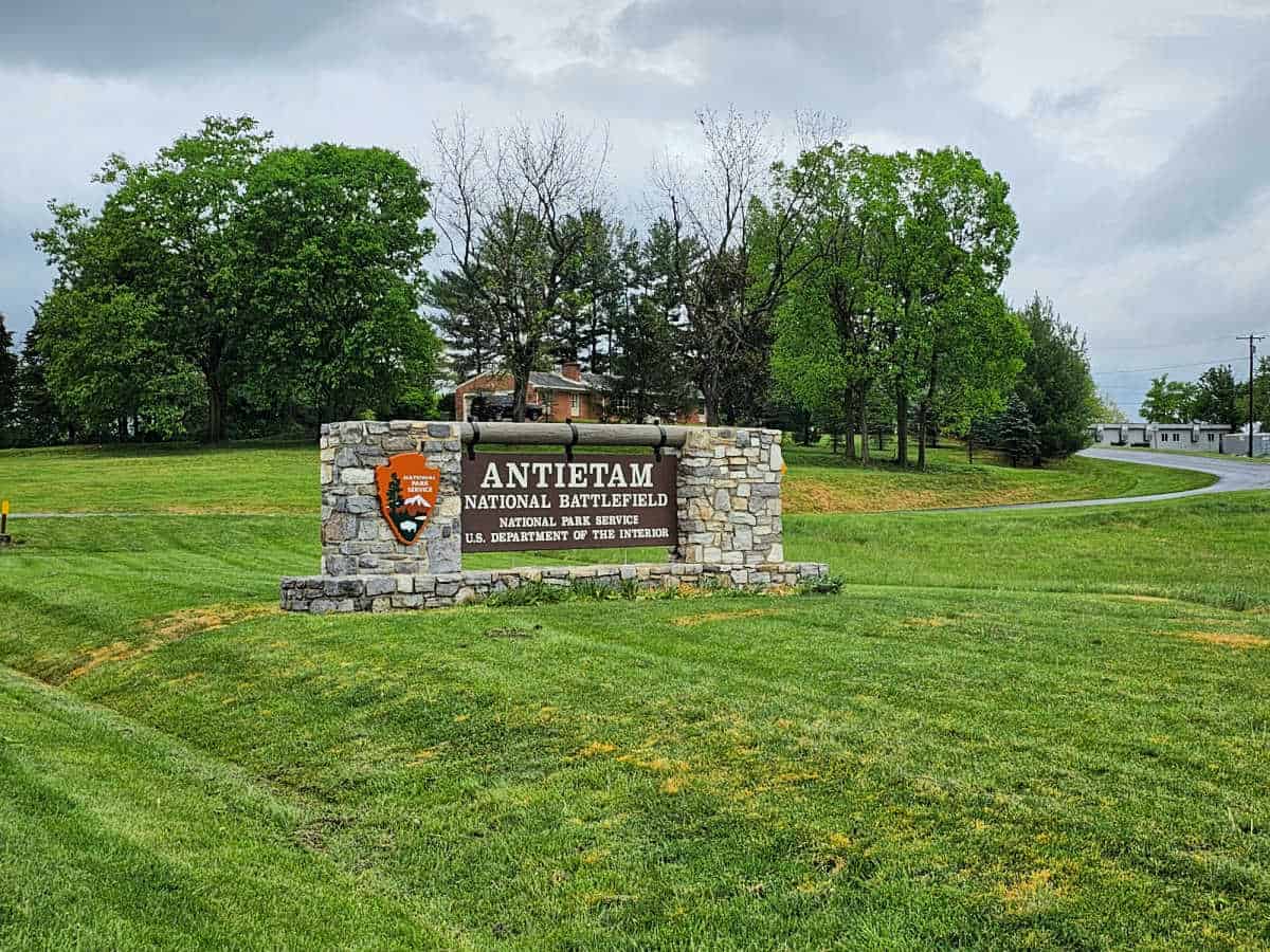 Antietam National Battlefield entrance sign on a grassy field