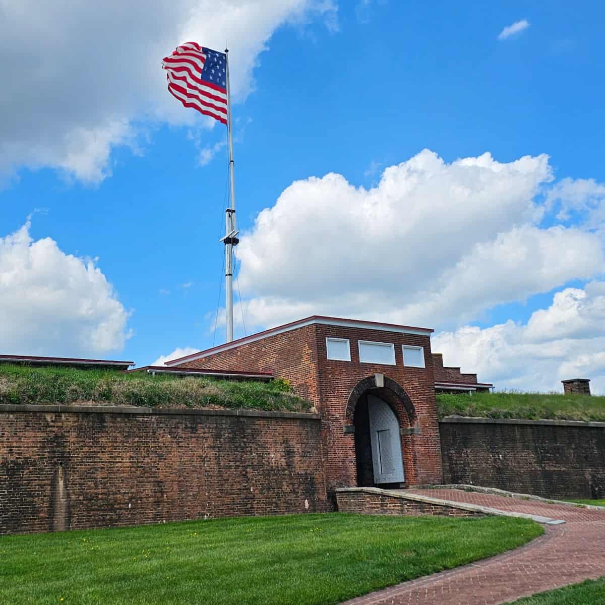 Fort McHenry with historic flag blowing in the wind