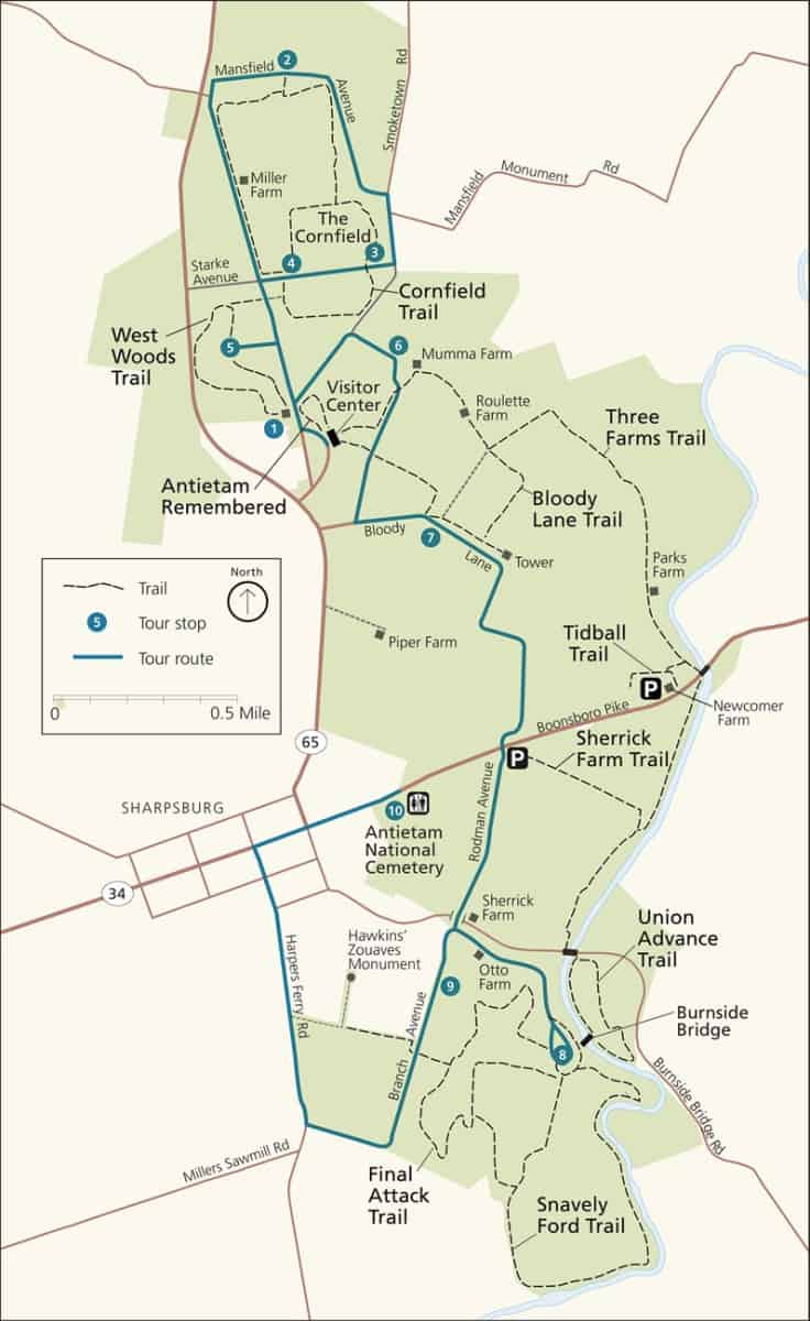 Hiking trail map in Antietam National Battlefield