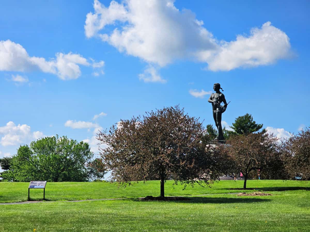 Statue taller than the trees and a green field near Fort McHenry