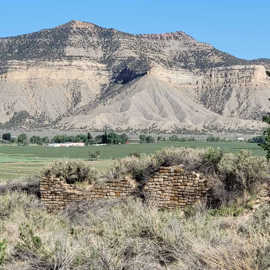 rock structure covered in shrubs with a mountain in the background at Yucca House National Monument