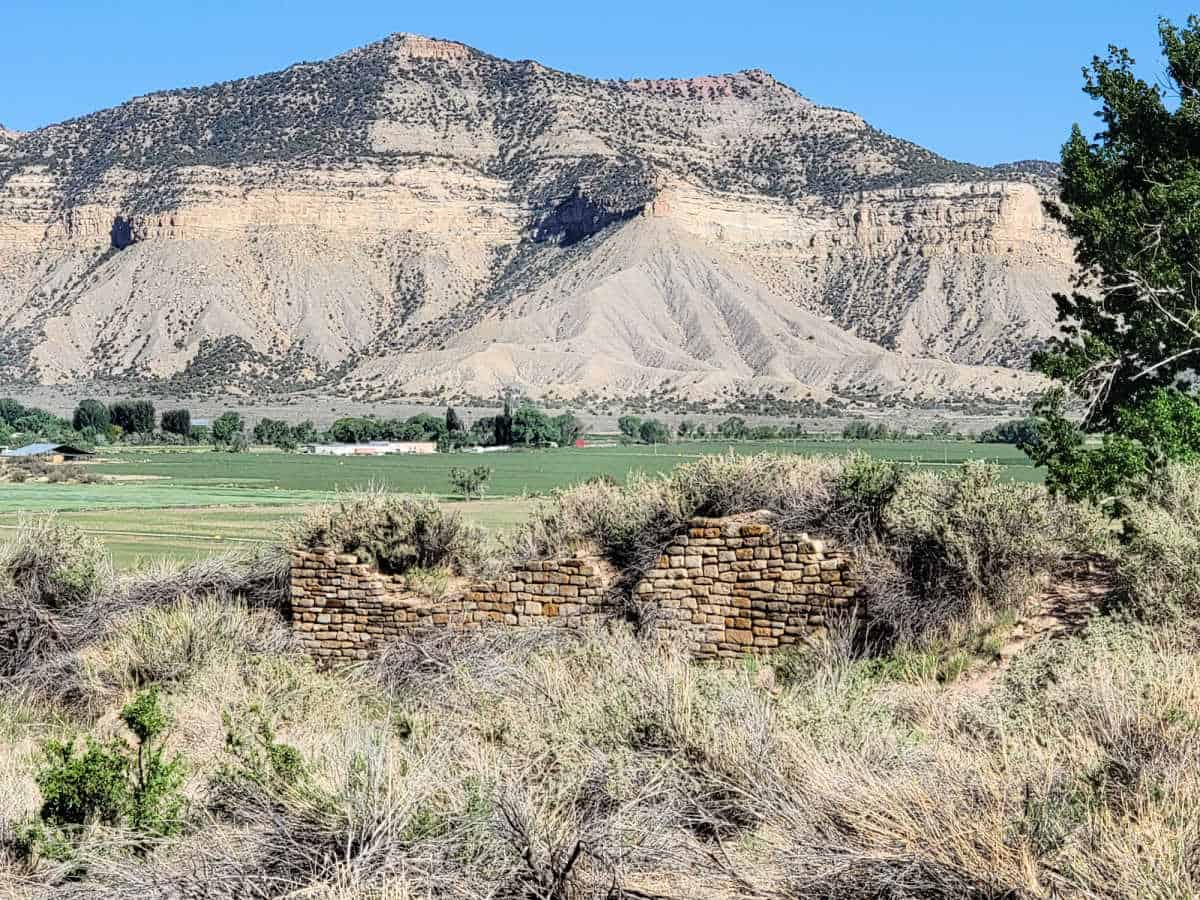 rock structure covered in shrubs with a mountain in the background at Yucca House National Monument