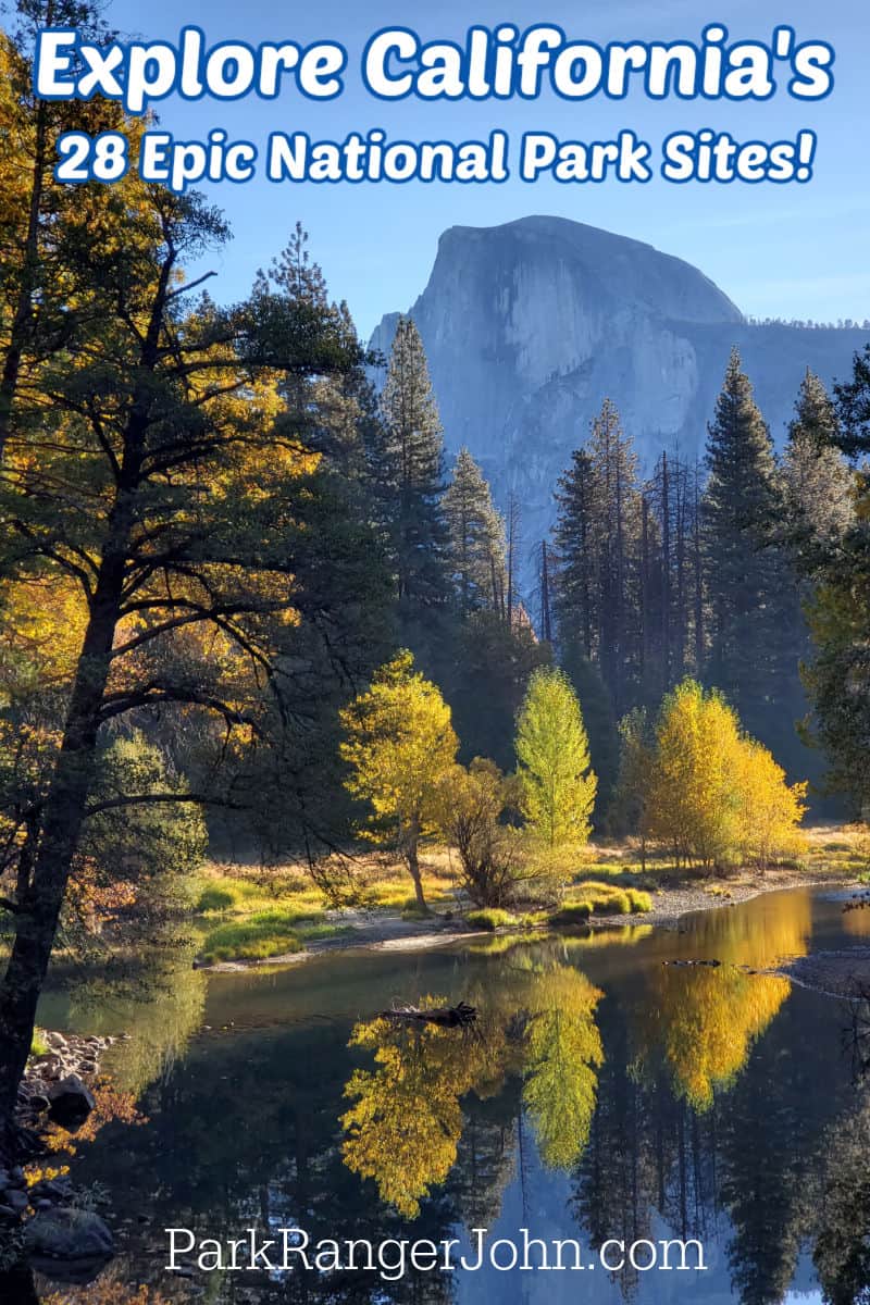 California National Parks photo of Yosemite's Half Dome reflecting off the Merced River surrounded in fall colors