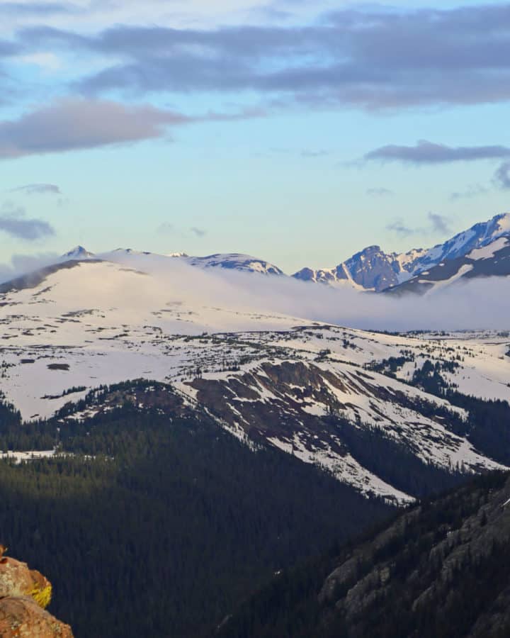 Photo of snow capped Rocky Mountains at Rocky Mountain National Park in Colorado