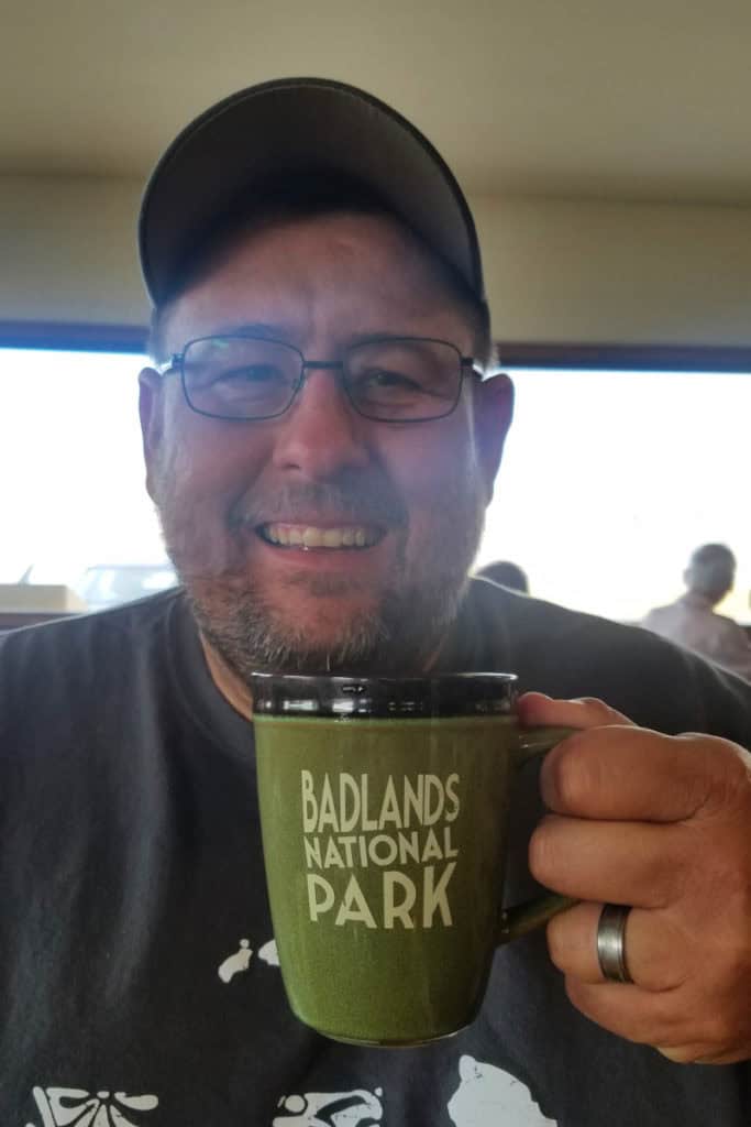 John enjoying coffee at Cedar Pass Restaurant