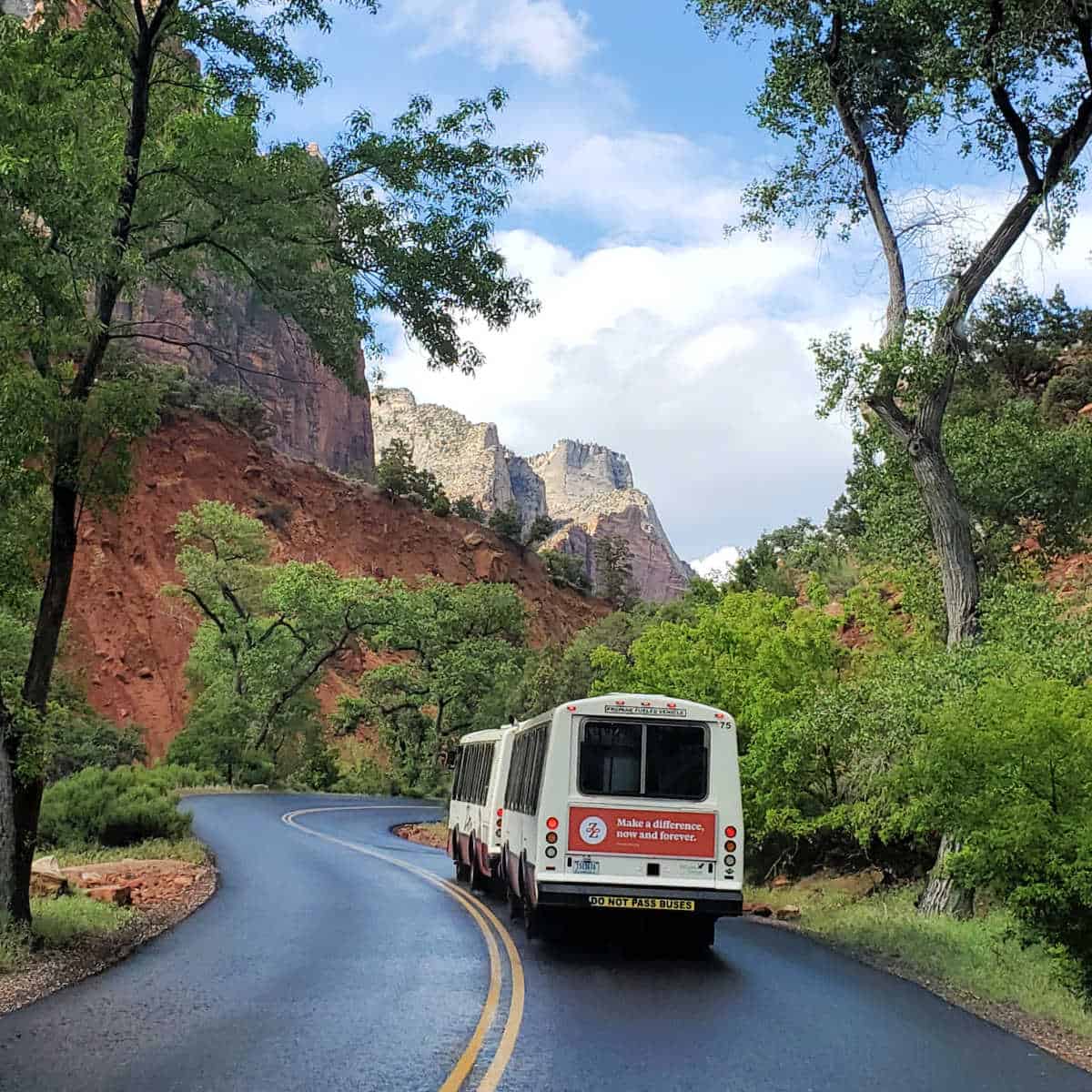 Shuttle Bus traveling down the Zion Scenic Drive