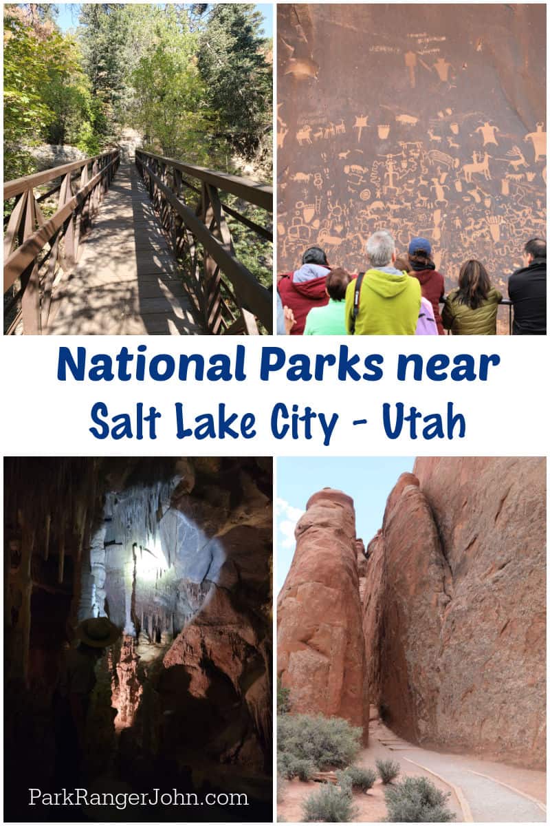 four photo collage with photos from ttop left: Timpanogos Cave National Monument Top Right Canyonlands National Park bottom left Great Basin National Park and bottom right Arches National Park with text reading "National Parks near Salt Lake City Utah by ParkRangerJohn.com"