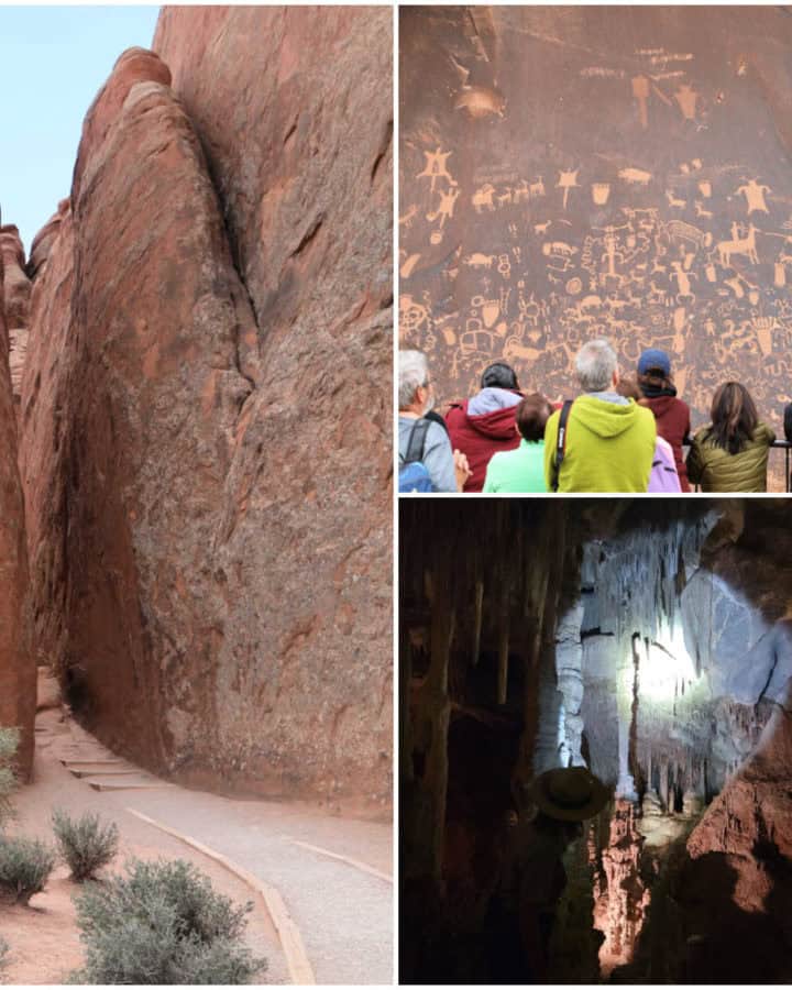 Photo collage with photo 1 on left side of trail to Sand Dune Arch in Arches National Park, photo 2 on top right is Newspaper Rock from Canyonlands National Park, and photo 3 on bottom right is a cave tour at Lehman Caves in Great Basin National Park