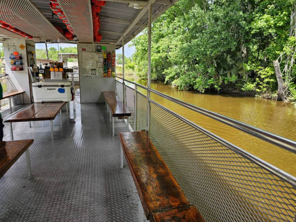 inside of boat used on Jean Lafitte Swamp Tour