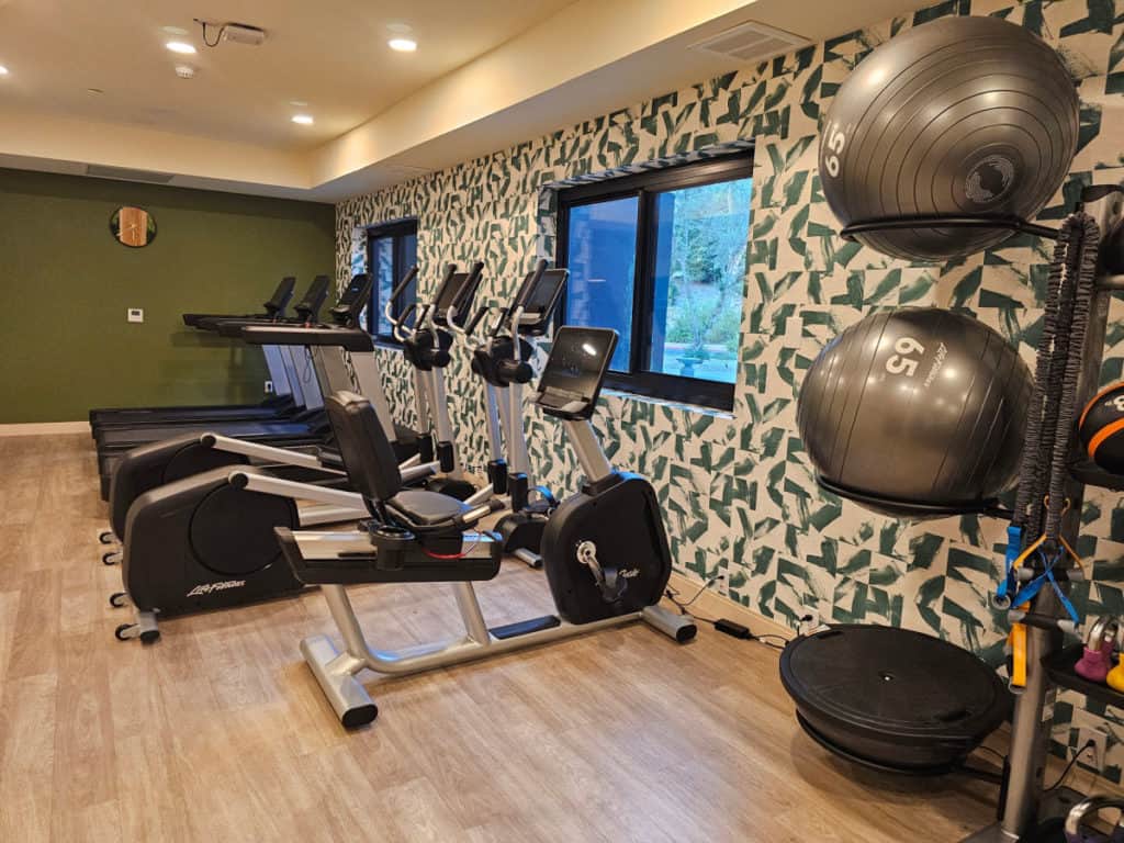 exercise equipment with treatmill, eliptical, and balance balls in a brightly decorated fitness center