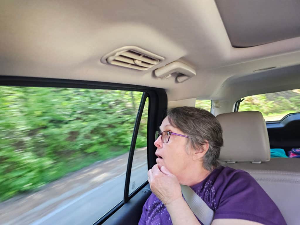 johns mom staring out the car window in awe