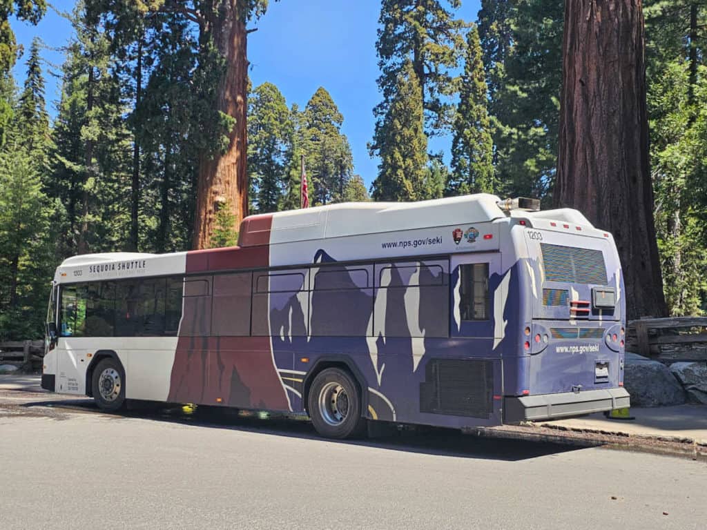 Sequoia Shuttle bus parked in front of a Sequoia tree