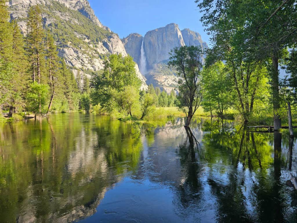 yosemite falls reflecting in merced river
