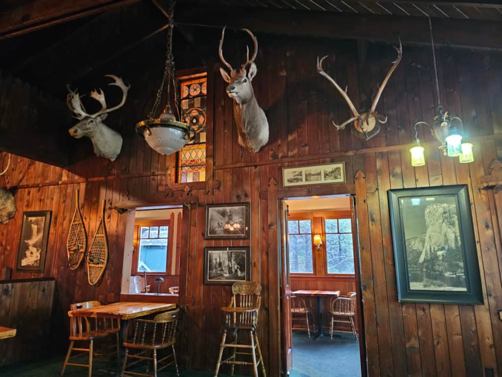 deer and antelope stuffed heasds on a wood wall with historic yosemite photos
