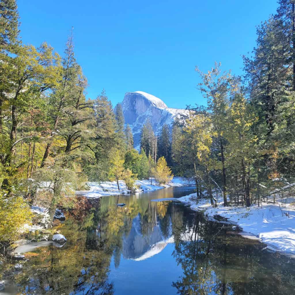 Half Dome in winter with the Merced River