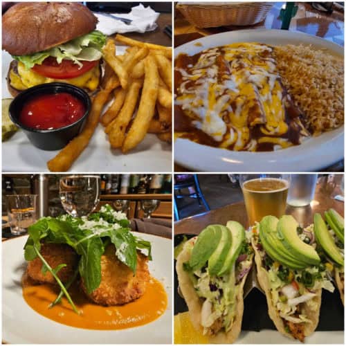 Collage of Oakhurst Restaurant photos with a burger, enchiladas, arancini and tacos