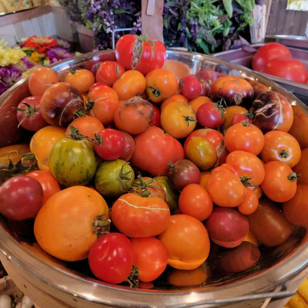 large display of farm fresh tomatoes at Gnarly Carrot