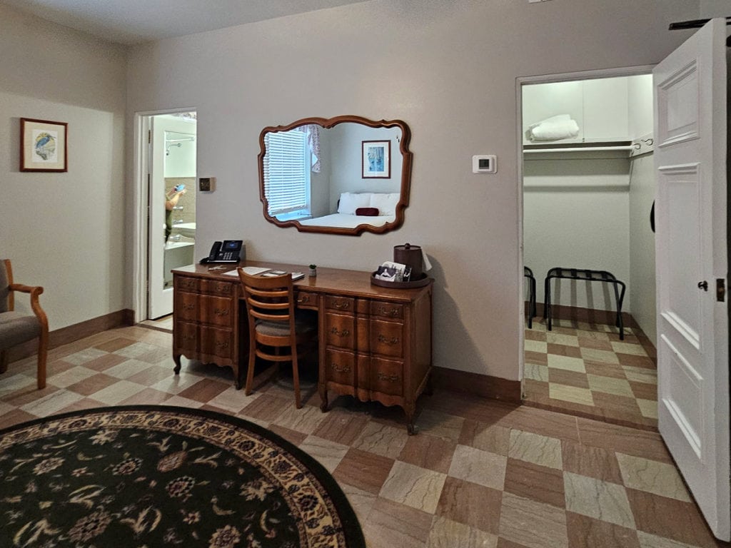 Desk and closet in room 38 at The Lodge at Wakulla Springs