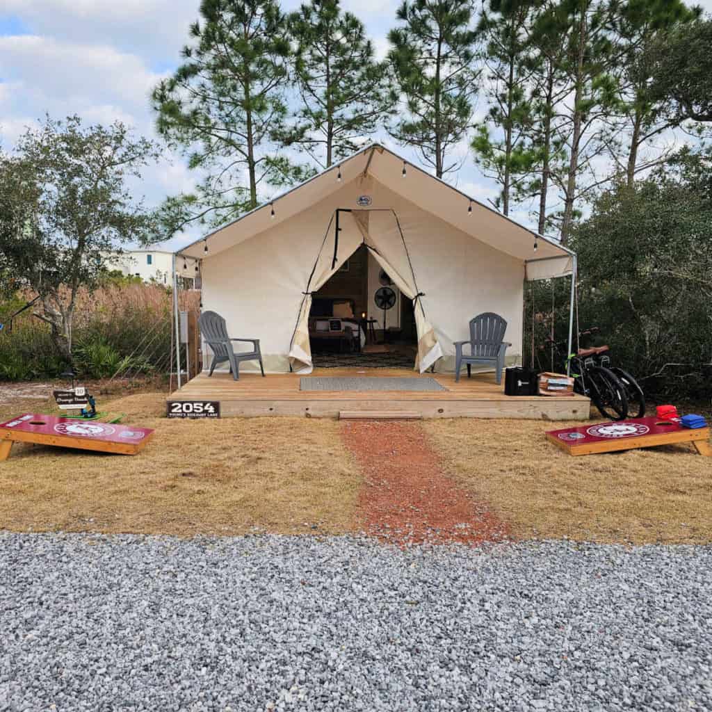 Front view of Timberline Glamping tent in Gulf Shores and Orange Beach, Alabama