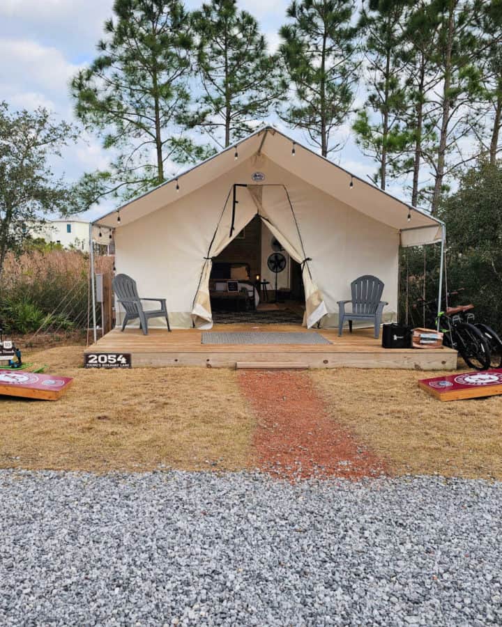 Front view of Timberline Glamping tent in Gulf Shores and Orange Beach, Alabama