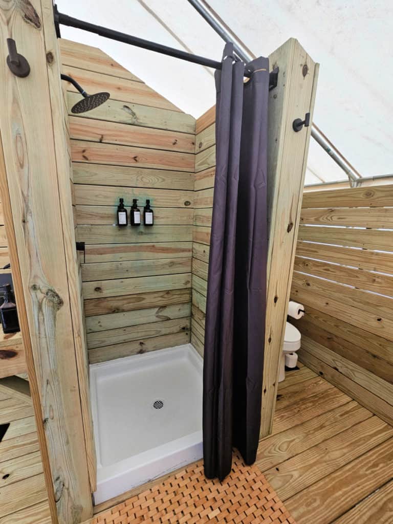 Shower and toilet in Timberline Glamping Tent Gulf Shores Alabama