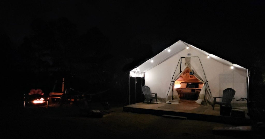 Timberline Glamping Tent at night in Gulf Shores Alabama