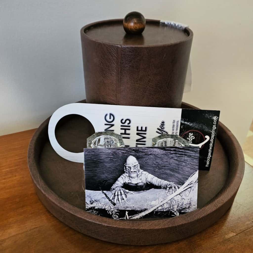 postcard, glasses, and ice bucket in room at Wakulla Springs Lodge