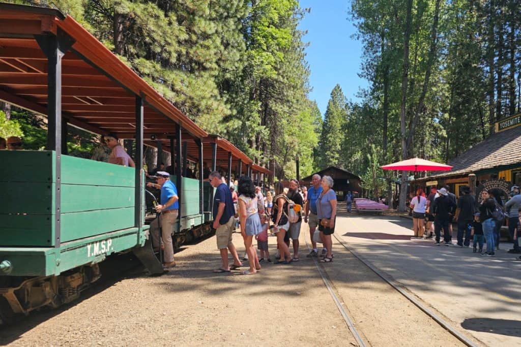 Passengers boarding the Yosemite Mountain Sugar Pine Railroad